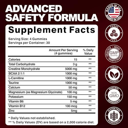 Image of Creatine Monohydrate Gummies for Men & Women, 8500MG Creatine Gummies Sugar Free Strawberry Flavored with L-Taurine, BCAA 2:1, B12 B6 for Boost Strength, Focus & Endurance, Vegan, Non-GMO, 120pcs