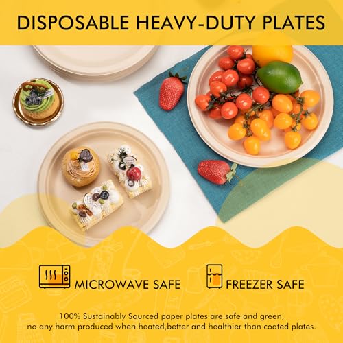 Image of RACETOP Compostable Paper Plates 10 Inch [150 Pack] | Unbleached Brown, Disposable Biodegradable Heavy Duty Paper Plates, Made of Natural Sugarcane Fibers, Round