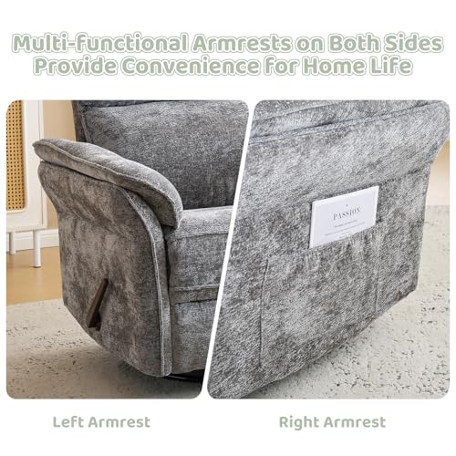 Image of Swivel Rocker Recliner with Adjustable Headrest,Upholstered Glider Rocker Recliner with Overstuffed Armrest,Manual Recliner Nursery Chair for Living Room,Grey