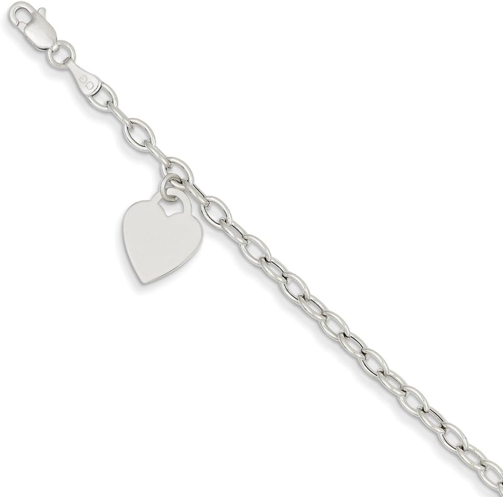 14k White Gold Dangle Heart Charm Bracelet - with Secure Lobster Lock Clasp 8.5" (Width = 10mm)
