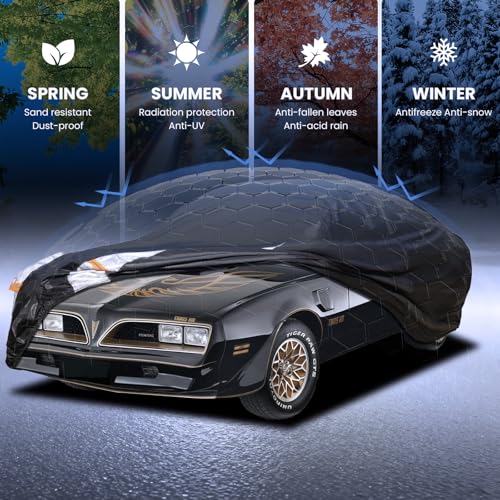 Image of Multi-Layer Car Cover Custom Fit for Pontiac Firebird(1992-2002), 100% Waterproof All Weather for Automobiles, Gift with Towel, Heavy Duty Car Covers for Rain Sun UV Protection with Door Zipper
