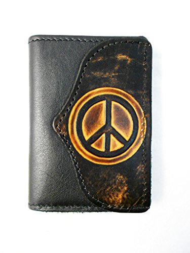 Mens Handcrafted Leather Trifold Wallet Peace Sign
