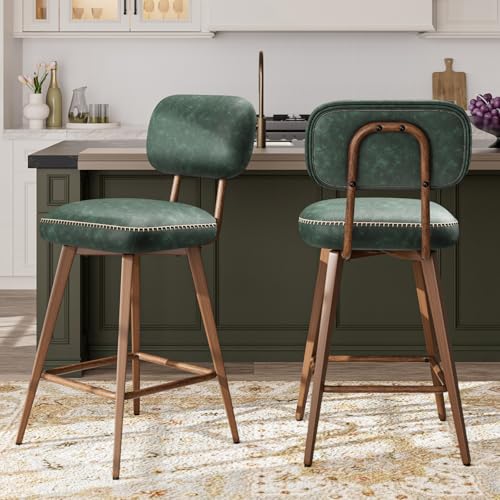 MALOL 26“ Swivel Bar Stools Set of 2, Mid Century PU Leather Counter Height Bar Chairs with Low Back and Metal Legs, Modern Bar Stool Chair for Kitchen Island, Green