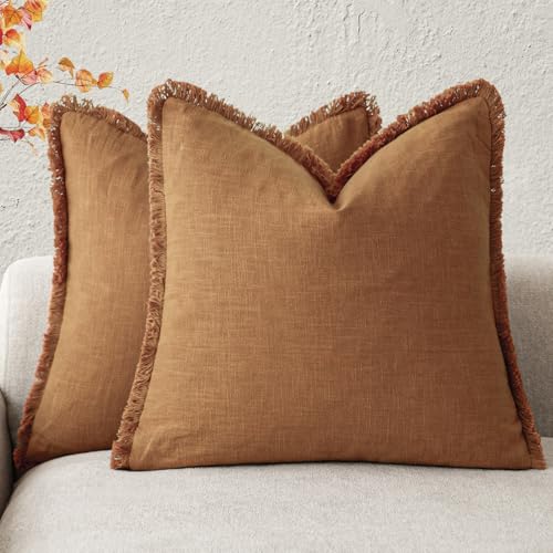Image of Foindtower Set of 2 Decorative Linen Fringe Throw Pillow Covers Cozy Boho Farmhouse Cushion Cover with Tassels Soft Accent Pillowcase for Couch Sofa Bed Living Room Home Decor, 26x26 Inch, Orange