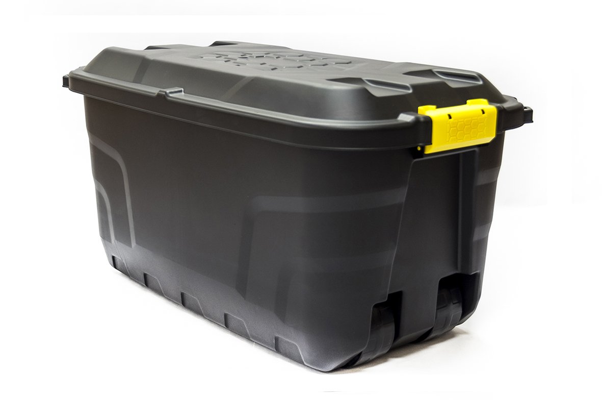 XL transport box, cushion box with 75 litre capacity and 4 wheels Removable and lockable lid, wet-protected and robust. Dimensions: 77 cm x 42 cm x 40 cm.
