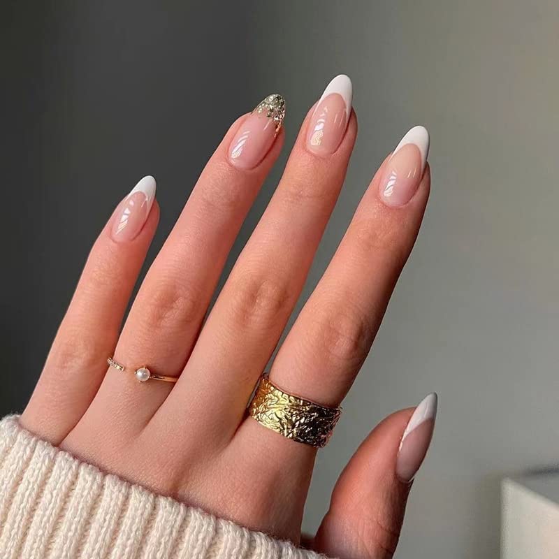 Ezpieces French Tip Press on Nails Meidum, Sequin Fake Nails Short Almond Shaped with Nail Glue, Acrylic Glue on Nails for Women/Daily/Party, 24PCS/Set(Gold Heist)