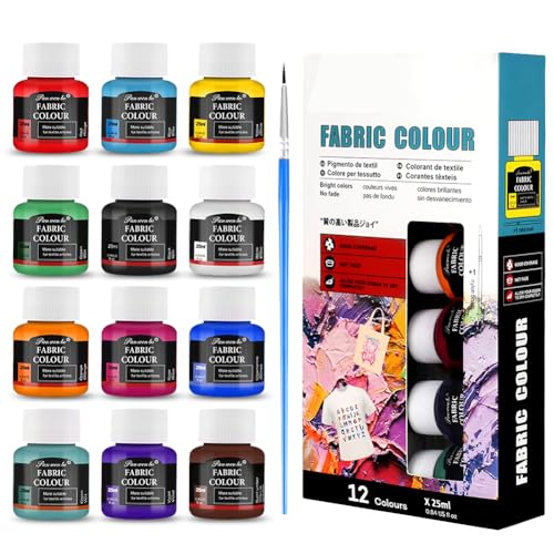 Pintura Textil Permanente 12 Colores x 25ml Pintura Acrílica,por Ropa Resistentes En Lavadora,No Tóxico Pintura Textil para Pintar Ropa, Zapatillas, Camisetas, Vaqueros y Cualquier Tejido