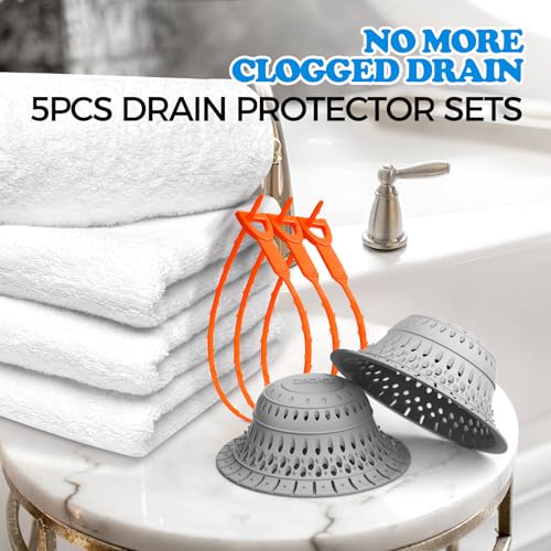 Image of zaa 5 Pcs Bathtub & Shower Drain Hair Catcher, 2 Pack Silicone Collapsible Drain Protector and Drain Cover with 3 Snake Drain Clog Removers, for Pop-Up and Regular Drains of Tub, Shower, Bathroom