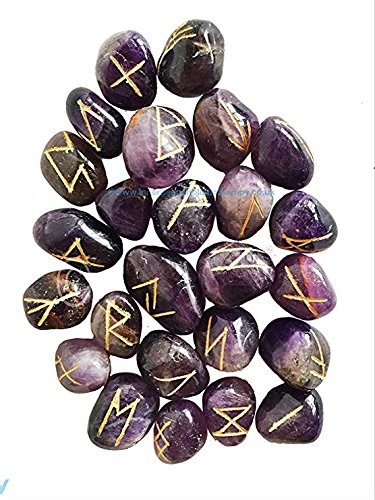 White Whale Amethyst Rune Stones Tumbled Engraved Lettering Crystal Set Healing Chakra Reiki with Gift Pouch