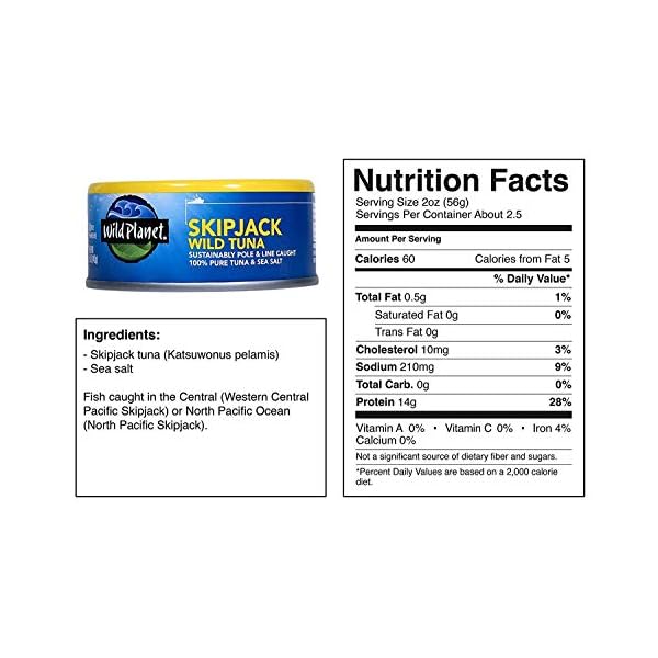 Wild-Planet-Skipjack-Wild-Tuna-Sea-Salt-Keto-and-Paleo-3rd-Party-Mercury-Tested-5-Ounce-Pack-of-12 Wild Planet Skipjack Wild Tuna, Sea Salt, Canned Tuna, Pole & Line Sustainably Wild-Caught, Non-GMO, Kosher, 5 Ounce Can (Pack of 12)