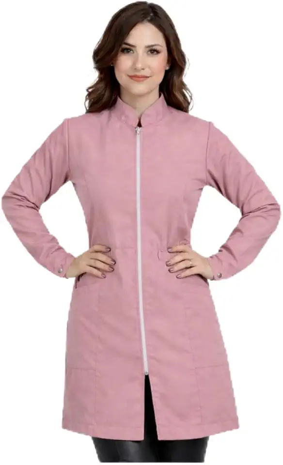 Jaleco Feminino Manga Longa Profissional Oxford Acinturado com Zíper Uniforme Hospitalar Clinica Médica Efermagem Veterinária Assistente Saúde