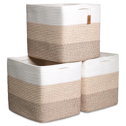 NaturalCozy 13x15x13 Kallax Storage Cubes Bins, 3 Pack | Cotton Rope Cube Storage Bin Woven Baskets...