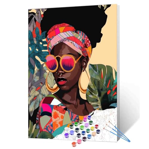 Peinture afro-américaine sur toile 40x50 cm avec feuilles tropicales et pinceaux pour débutant
