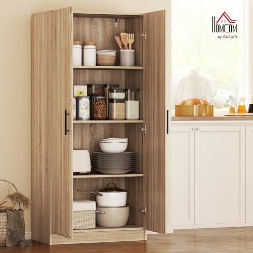 HOMCOM Credenza Cucina con Ante a Chiusura Ammortizzata, Dispensa Cucina con 2 Ripiani Regolabili, Mobile Dispensa per Soggiorno, Sala da Pranzo, Salotto, 75x40x165 cm, Color Legno - immagine 3