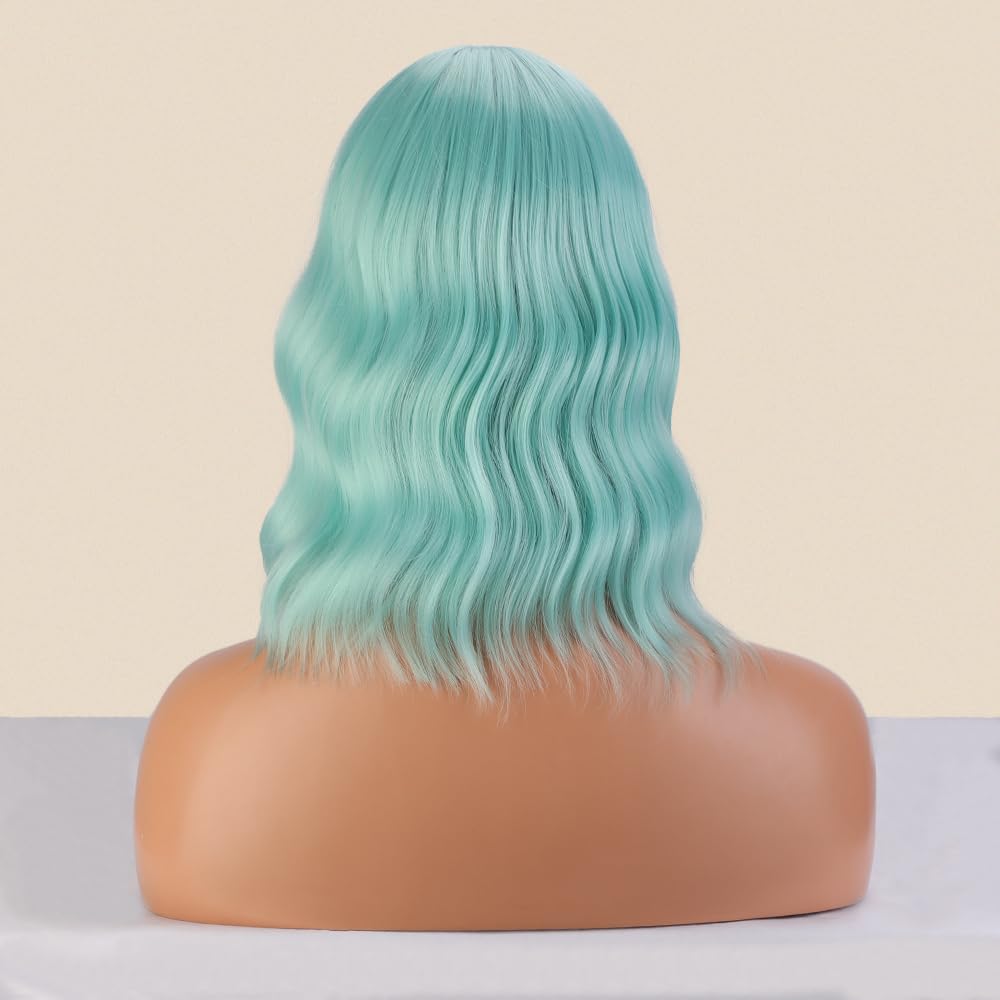 Greenmirr Short Mint Green Bob Wavy Wigs with Fringe Heat Resistant Synthetic Hair 14 Inches, 21 cm - Image 4