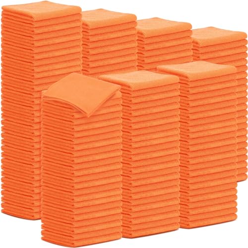 Image of Tenare 100 Pack 12'' x 12'' Microfiber Cleaning Cloths Reusable Cleaning Rags Bulk Microfiber Towels Softer Highly Absorbent Washcloths for House Kitchen Car Window(Orange)