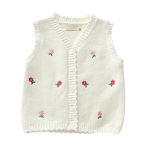 Baby Girls Flower Pattern Sweater Vest Knitted Soft Button Tops V-Neck Sleveeless Fall Waistcoat Vest Trendy Clothes