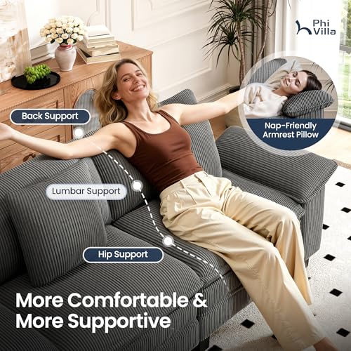 Image of PHI VILLA 87.5 inch Oversized Sectional Loveseat Sofa with 1 Movable Ottoman | Corduroy Grey, Wider Armrest, Comfy Deep Seat, Wood Frame, Modern Cloud Modular Couch for Living Room and Apartment