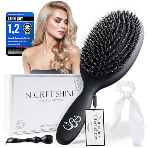 Bianca Sauchella Secret Shine Extensions Bürste Wildschweinborsten & Keratin-Stifte Anti-Frizz schonend & ohne Ziepen ideal für Tape-In Bonding & Clip-In Extensions Schwarz