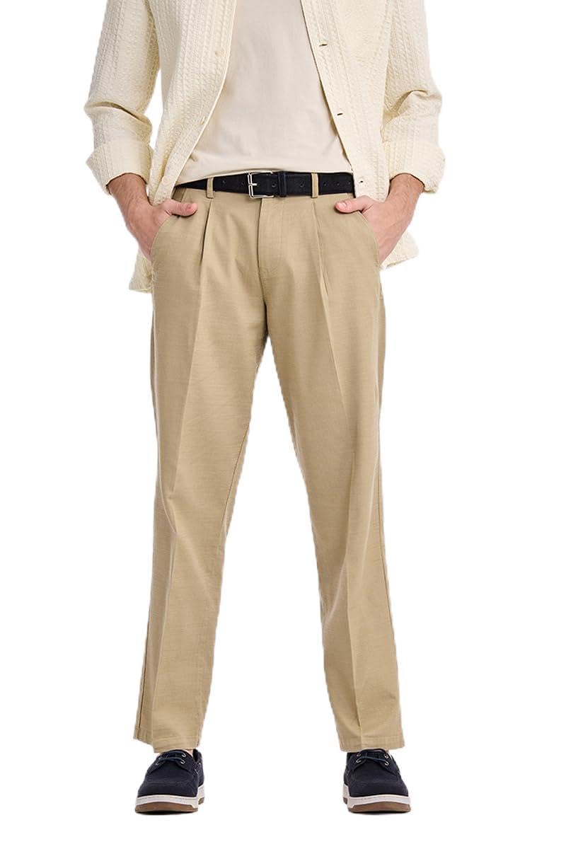 snitch Men Casual Chinos | Baggy Fit Mid Rise Wide-Leg Pleated Front Textured Solid | 100% Cotton Woven Breathable Trousers for Summer, Work & Streetwear-picture-19