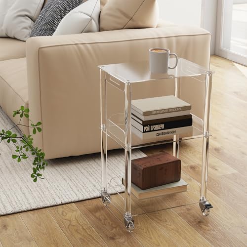 uyoyous Table d'Appoint Acrylique Transparent 3 Étages avec roulettes à Freins, 40x30x61cm, Petite Table Vasse Mobile pour Salon/Chambre à Coucher,...