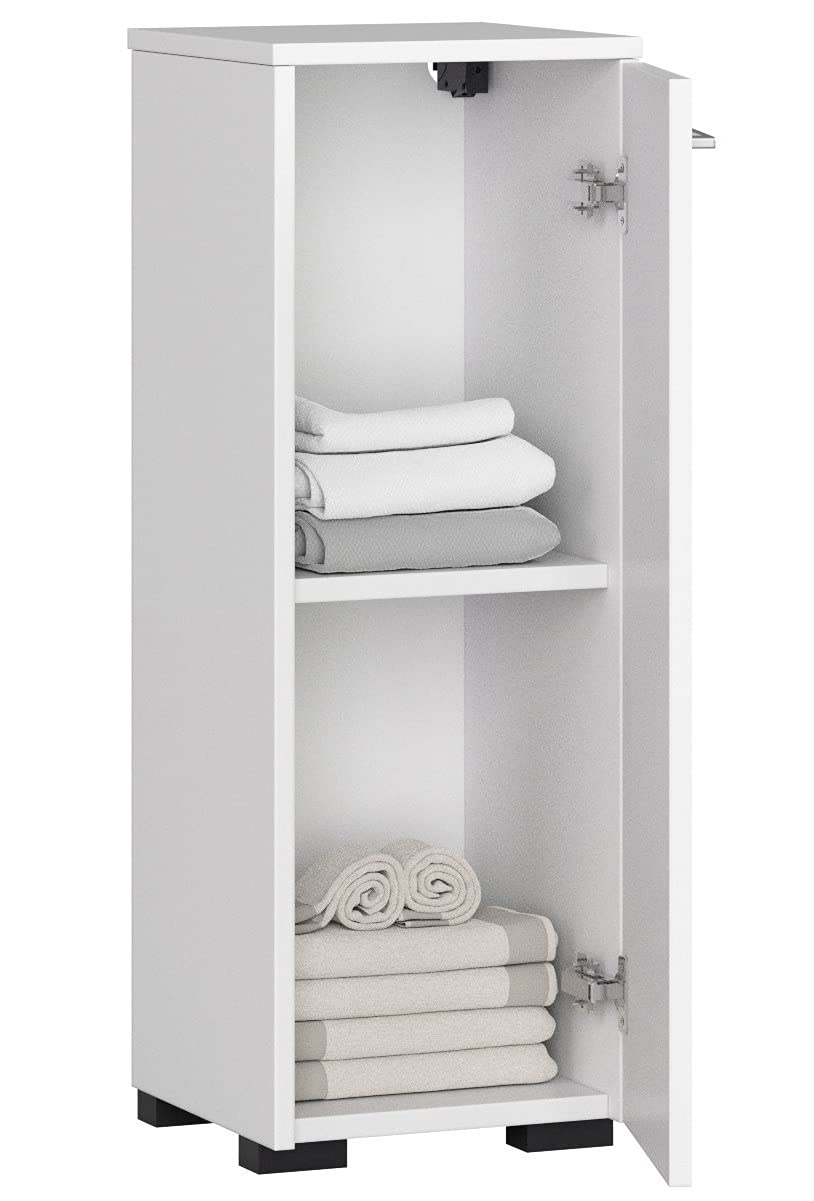 Home Collective Badezimmerschrank schmal in weiß mit 1 Tür und 2 Fächern, elegant mit silbernen Griffen, 82 cm hoch, 30cm breit und tief