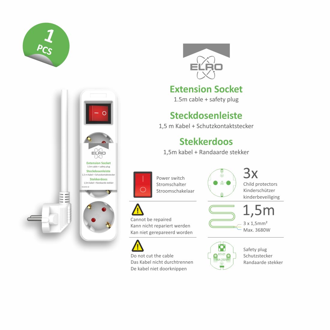 ELRO ES103S-W Ciabatta 3 prese interruttore cavo 1.5 m Protezione bambini Spina Schuko 3680 W Certificato TÜV bianco