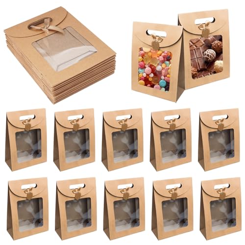 12 Piezas Bolsa de Regalo con Ventana, Bolsa de Regalo con Asa Marrón, Bolsas Embalaje Papel Kraft, Bolsas de Papel Kraft, Bolsas Papel Marrónes, para Empacar Regalos de Banquete, Dulces, Galletas