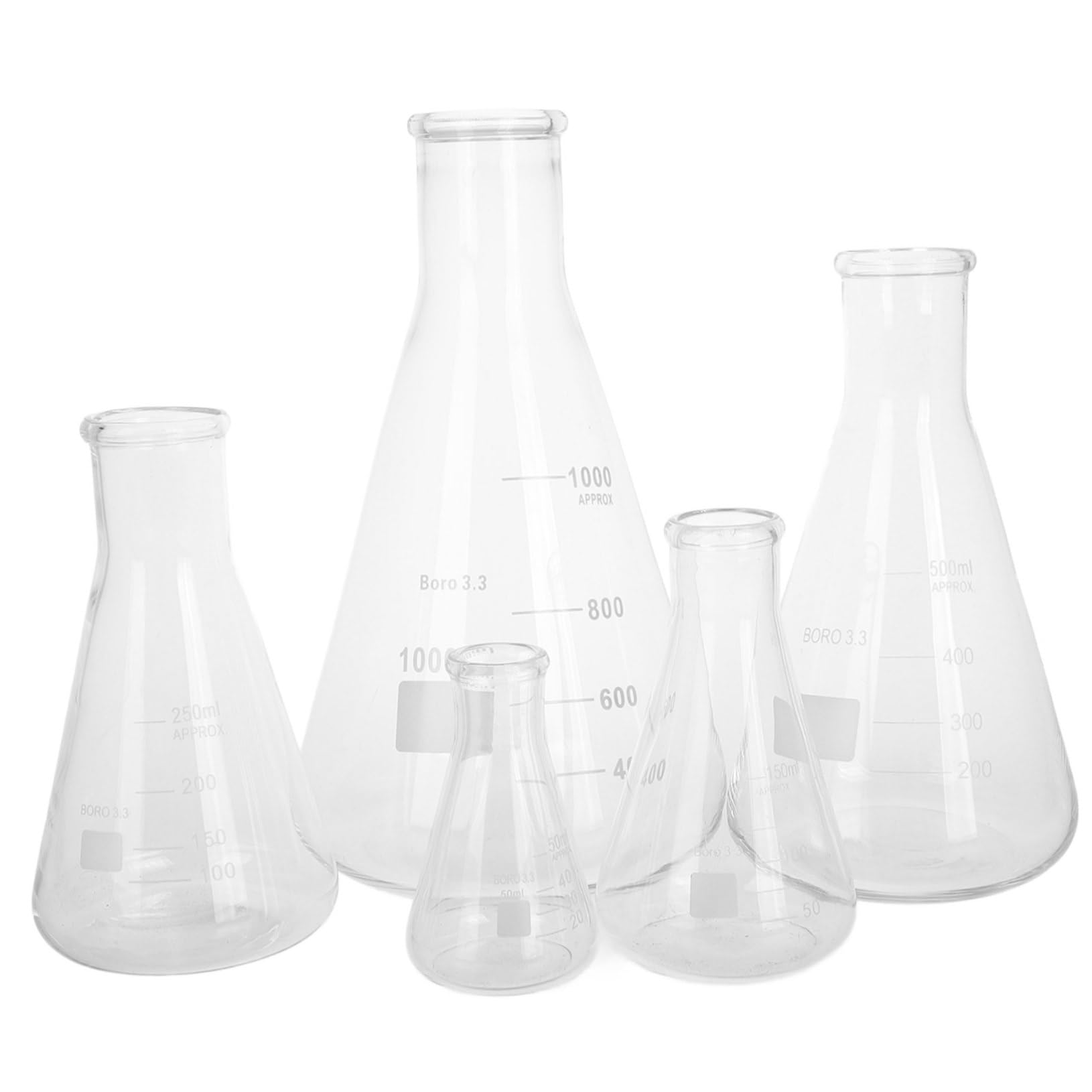 Gatuida Matraces Erlenmeyer de Vidrio de Borosilicato Conjunto de 5 Base Triangular Capacidad de 50ml a 1 L, Fácil de Limpiar y Verter para Laboratorio Científico