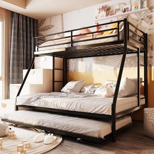 SUNLEI Bunk Bed Twin Over Full with Trundle, Twin Trundle Bed with Daybed, Metal Bunk Bed with 2 Secured Ladders, Safety Guard, Noise Free for Small Bedroom, Black (with Trundles, Twin Over Full)