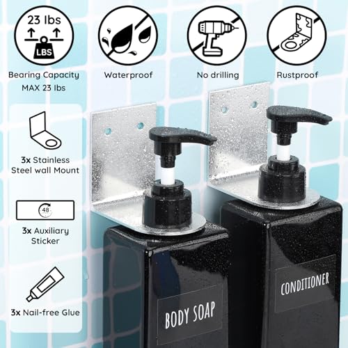 Image of Segbeauty Soap Dispenser Wall Mounted, 3pcs 16.9oz Drill Free Shampoo Bottles with Waterproof Labels, Refillable Plastic Shower Dispenser Set Soap Holder Shower Accessories for Shower Wall Black