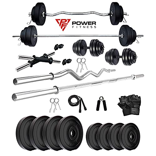 Image of POWER FITNESS 20-50 kg Plastic Home Gym Combo with 3 FIT CURL Rod 3 FIT sated Rod, Multicolour (40 kg Home Gym Set)