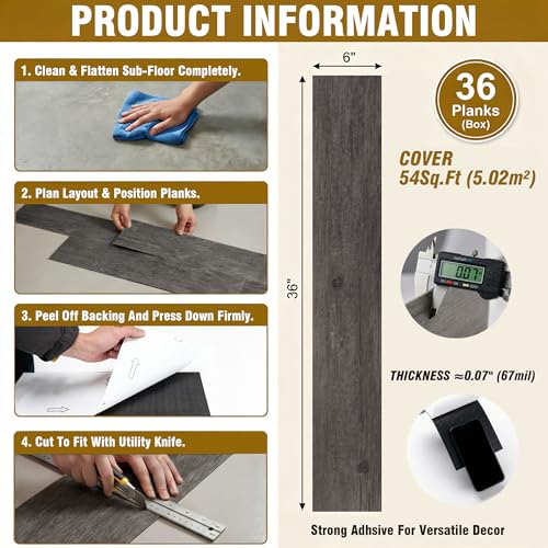Image of Waterproof Peel and Stick Floor Tile, 54 Sq.Ft Dark Grey Vinyl Wood Flooring, Easy DIY-Install & Durable for Kitchen, Bedroom, Bathroom, RVs, Rental-Friendly (36-Planks 6 inchx36 inch)