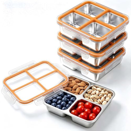 BSTUR Stainless Steel Snack Containers with Lids, Snack Box Set of 4, 4-Compartment Divided Bento Box, Reusable Metal Food Storage Containers for Meal Prep, Office Gym Travel by BSTUR - Used condition - US$33.24