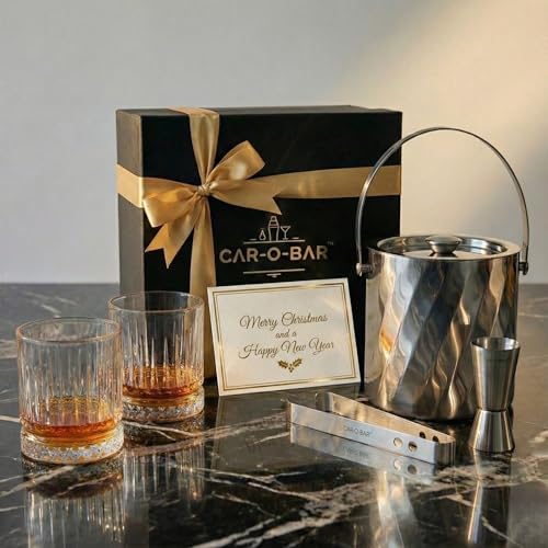 Image of Car-O-Bar Gift Set | Rippled Finish Stainless Steel Ice Bucket & Tong with Set of 4 Whiskey Glasses with Peg Measurer | Premium Ice Bucket for Bar & Home | Perfect Home Bar Setup