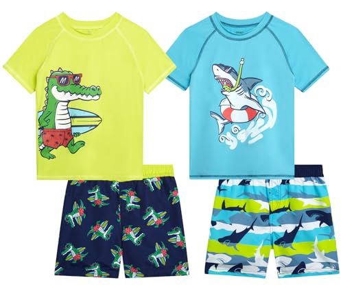 Quad Seven Toddler Baby Boys Swim Set - 4 Piece Swim Trunks and Short Sleeve Rash Guard for Boys Kids Swimwear (Sizes: 12M-7)