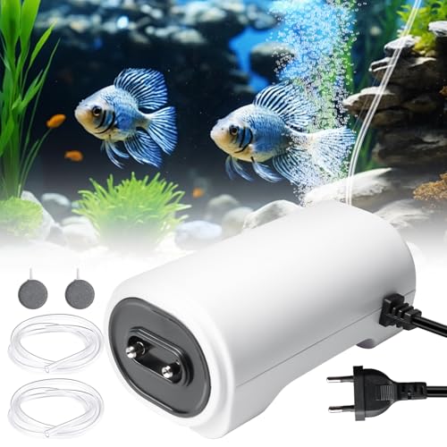 Leiseste Aquarium Luftpumpe, 8W Luftpumpen für Aquarien mit 3m Luftschläuchen und 2 Sandtisch, Regelbare Sauerstoffpumpe Aquarium bis 600 Liter, Einstellbare Membranpumpe, Zubehör für Fischbecken