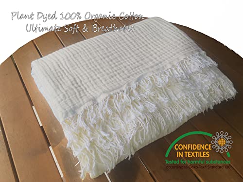 100% Organic Muslin Cotton Throw Blanket For Adults, Couch, Bedroom, 4-Layer Pre-Washed Plant Dyed Yarn, Breathable Soft, Cozy, Gauze Summer Lightweight Coverlet, All Season (90"X90" Ivory) #TOP7
