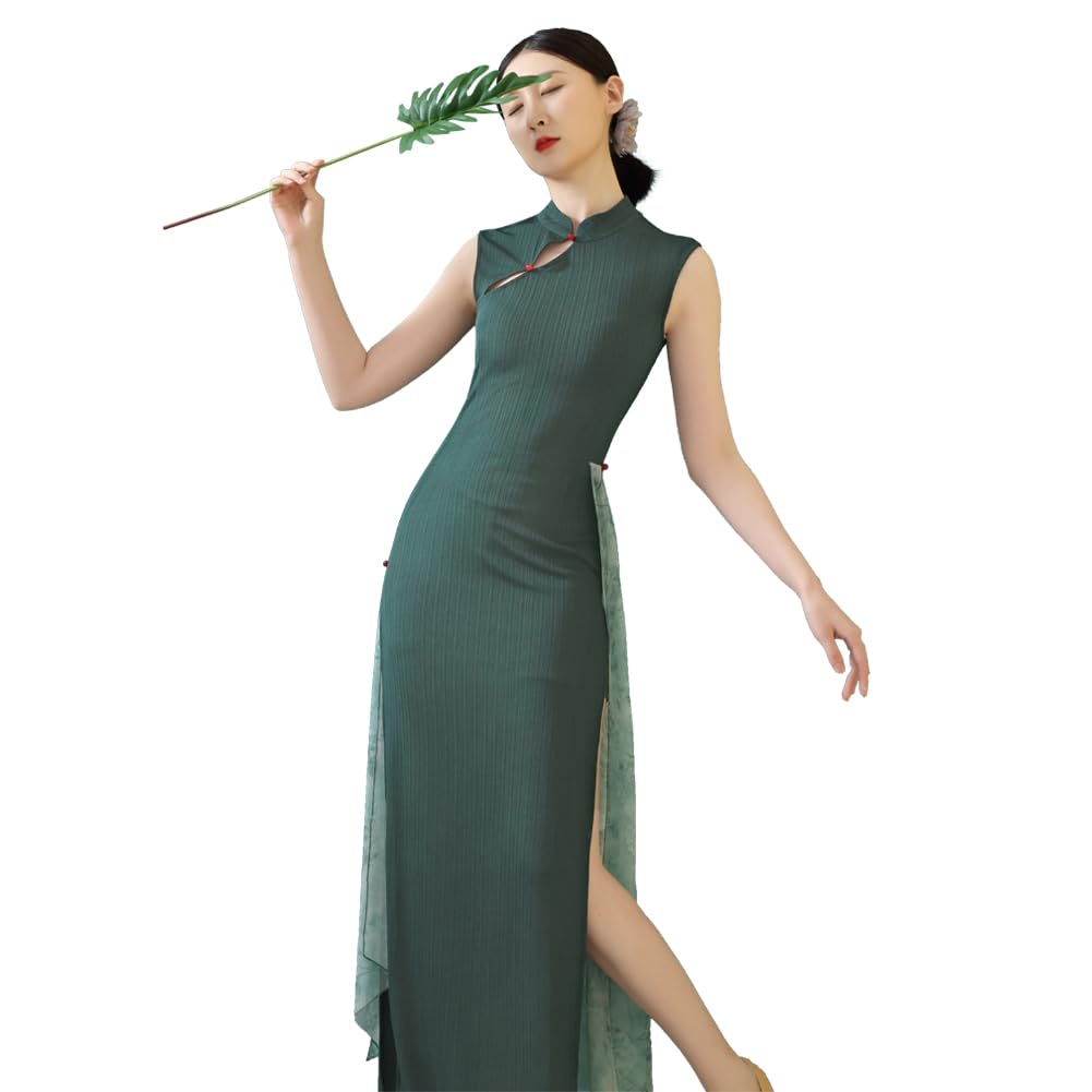 ROYAL SMEELA Cheongsam Sexy Vestiti Cheongsam Senza Maniche Colletto in Piedi Donna Abito Cheongsam Cinese Verde Abiti Qipao Cheongsam Costume Tradizionale Cinese Abito Qipao Lungo Vestito+Qipao