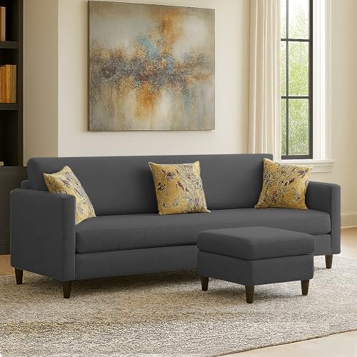 Image of Casaliving Premium Lifestyle Fabric 4 Seater L Shape Sofa Set 3 Seater Modern Sofa Set & Ottoman for Living Room (Black Color)