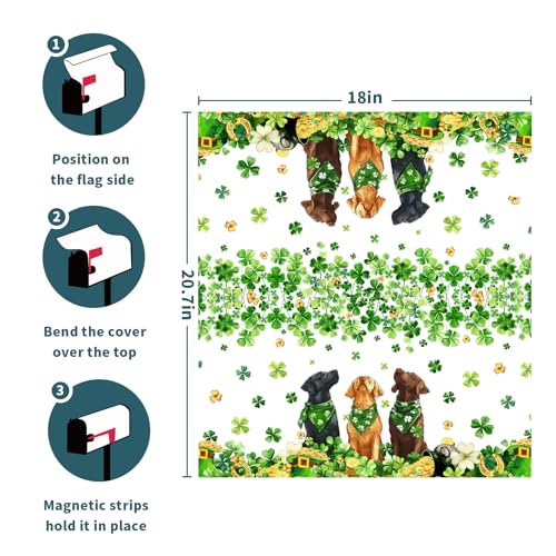 Image of St. Patricks Day Mailbox Cover Magnetic, 21 inchx18 inch Patrick Dog Lucky Clover Elf Hat Mailbox Wrap, Spring Shamrocks Standard Size Waterproof Letter Post Cover for Garden Yard Outdoor Decor