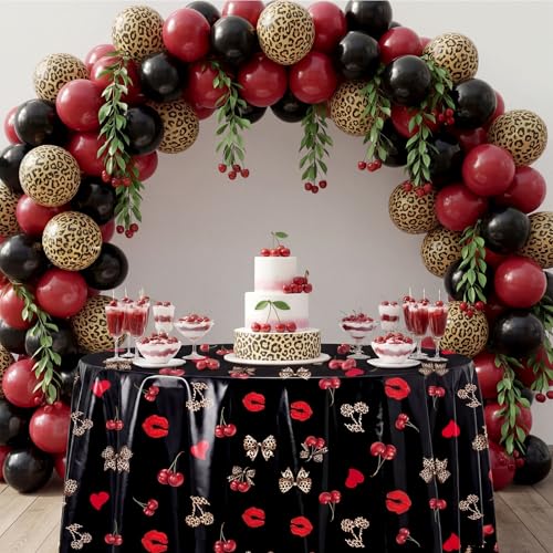 Image of Ganeen 6 Pcs Cheetah Cherry Plastic Tablecloth 84 Inch Red Black Leopard Round Tablecloths Birthday Decor Disposable Plastic Waterproof Table Covers for Weeding Tea Decoration Party Favor