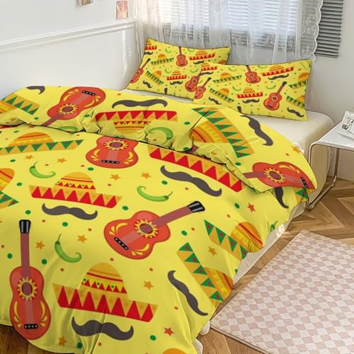 MoBlinko Twin Comforter Set No Insert Cinco De Mayo Hat Guitar Bedding Comforter Sets Mexican Holi Bed Set 3 Pcs with 1 Duvet Cover Double Sided 2 Pillowcases for Room Decor Women Men Gifts