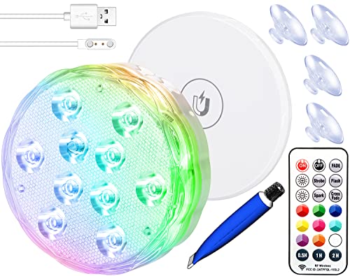 Qoolife luces subacuáticas recargables - 3,3 pulgadas USB magnético impermeable piscina luces de noche a control remoto RGB cambiante sumergible luces LED para fiesta jarrón Navidad acuario tina