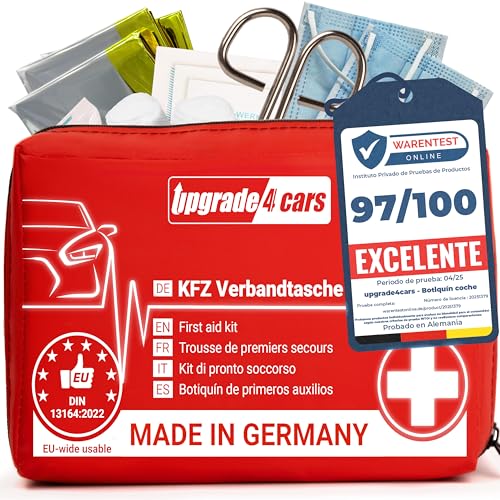 Upgrade4cars Botiquin de Primeros Auxilios para Coche, Casa, Viaje, Senderismo, etc. Bolsa Médica Completo 2025 Rojo Caja Emergencia Portátil para toda Europa