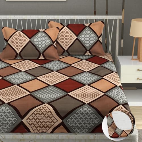 Image of Premium Heavy Cotton Elastic Fitted Bedsheets with 2 King Size Pillow Covers | Diwan Bed with All Around Elastic 350 TC | 48 x 78 x 6 Inch Diwan Size Fitted | :- Multi Box