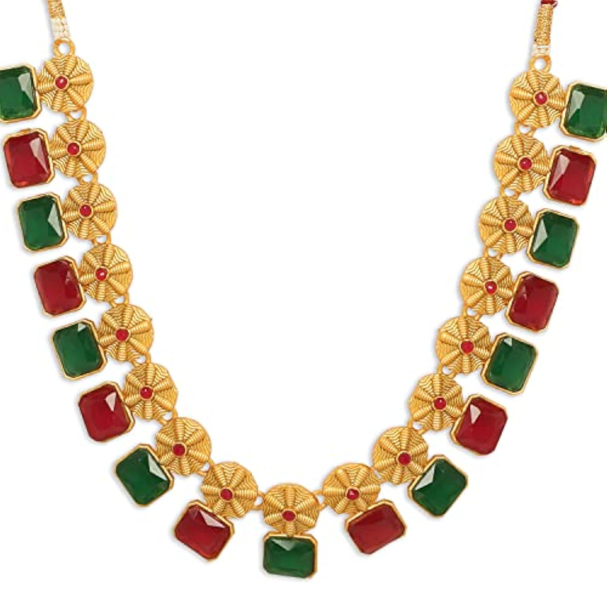 Plated Traditional Ruby & Green Stone Studded Necklace Set