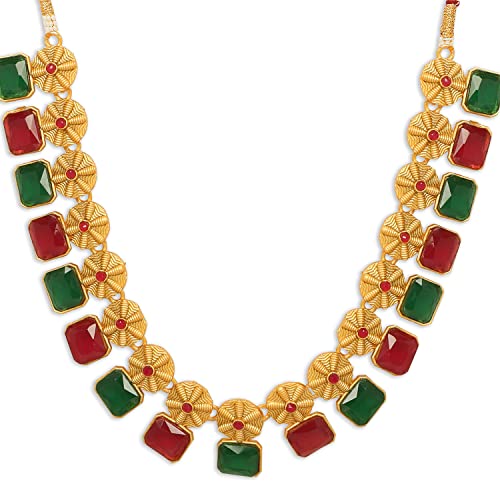 Plated Traditional Ruby & Green Stone Studded Necklace Set