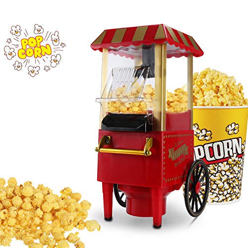 Hengda Palomitero Máquina 1200 W Aire Caliente Palomitero para el hogar, proporciona 20 cajas pequeñas,Sin grasa Sin aceite Cubierta superior extraíble l Retro Rojo