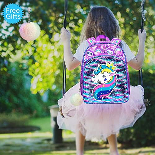 Gxtvo 3Pcs Girls Backpack, 16" Unicorn Sequin Prechool Elementary Bookbag And Lunch Box #TOP6